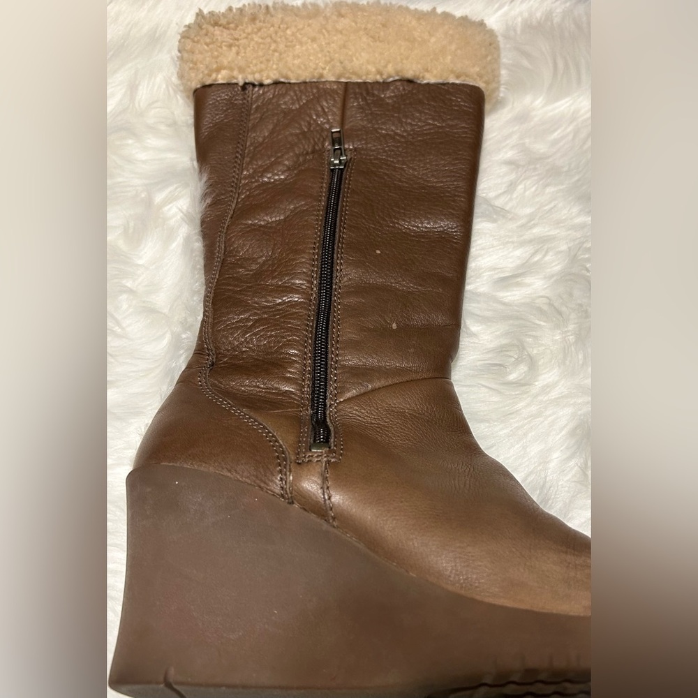 UGG Felicity Brown Shearling-Lined Mid Calf Lace Leather Wedge Boots - Picture 9 of 15